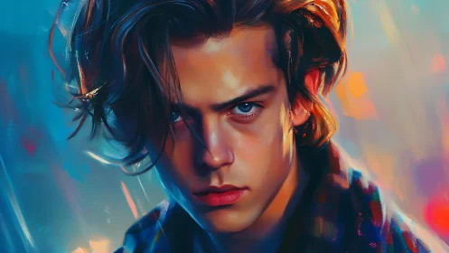 Chromatic portrait of intense youth with layered brushlight focus.