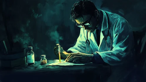 Doctor studies syringe sample under moody lab lighting scene.