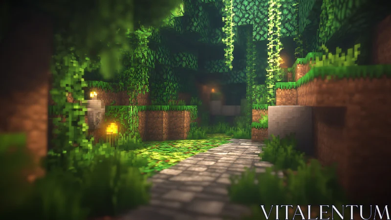 Minecraft-style cavern with ivy-covered walls and luminescent pathways
