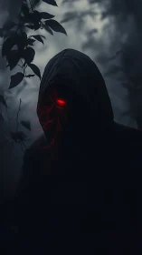 Hooded figure with red glowing eye in dark forest setting.