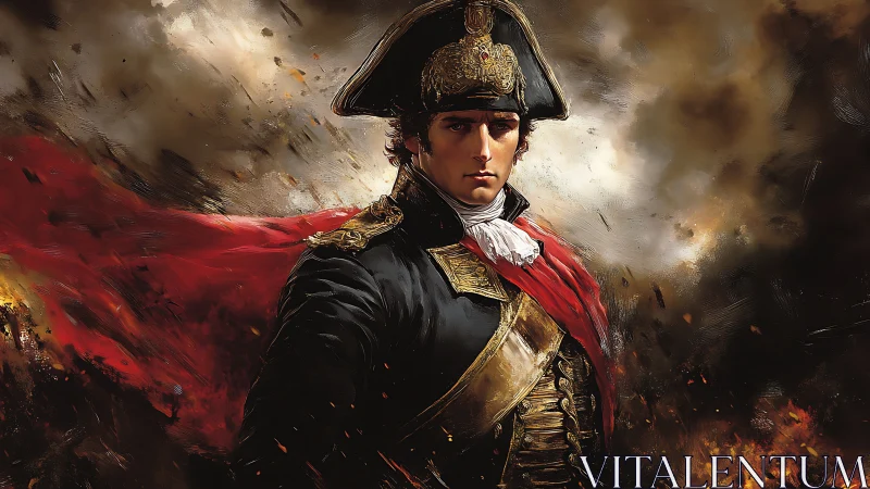 Uniformed officer in ornate bicorne amid turbulent sky.