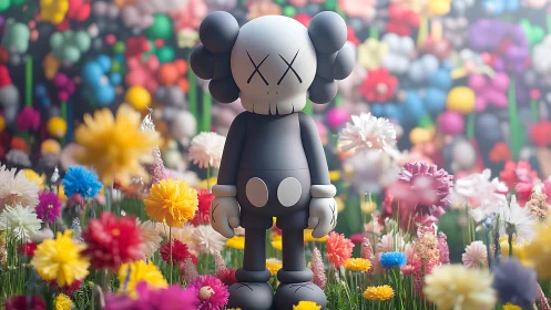 Melancholy vinyl toy drifts through a riotous flower daydream.