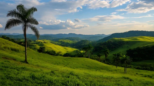 Soft hills and tall palms under a slow, wandering sky.