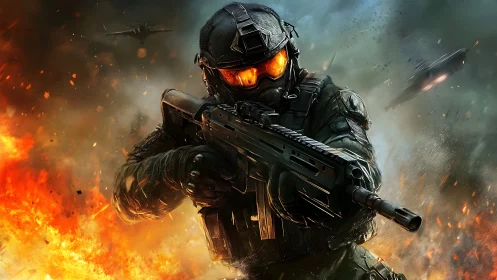 Blazing battlefield hero strides forward through fire and smoke