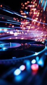 Vinyl turntable under neon bokeh with kinetic light trails.