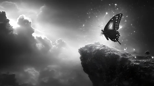Butterfly rises from cosmic cliff into radiant monochrome light