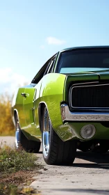 Lime green muscle car basking in bright open-road sunlight.