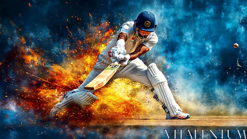 Dynamic cricket batsman in explosive digital painting composition.