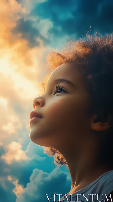 Child's Profile Against Rendered Sky and Cloud Composite