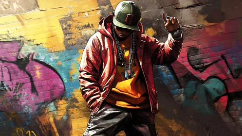 Urban figure in red jacket against graffiti brick wall backdrop.