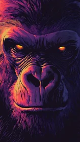 Fierce neon gorilla stares forward in dramatic darkness
