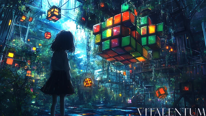 Girl observing floating neon cubes in overgrown structure.