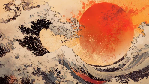 Dramatic stylized ocean waves with massive red sun