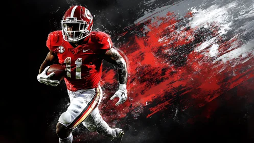 Crimson runner rips through a storm of digital paint and light