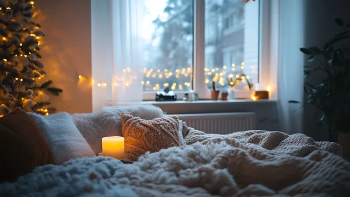 Candlelit winter bed nook glowing with soft festive warmth.