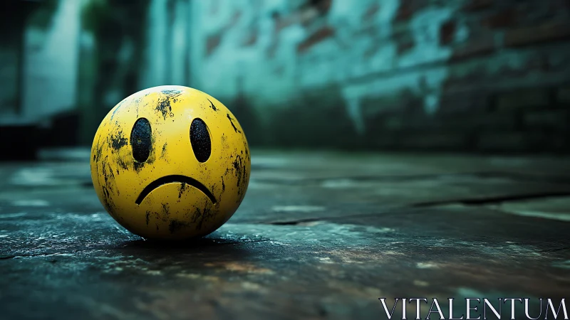 Weathered yellow sad face ball on worn urban pavement.