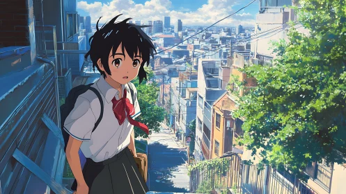 Anime student on sunlit urban staircase surveys distant city