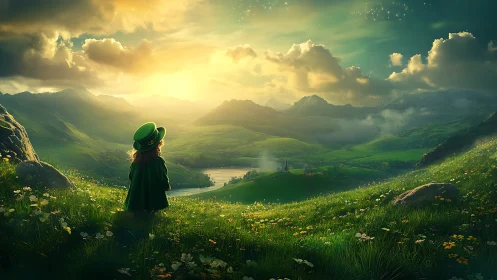 Leprechaun child overlooks glowing emerald valley at dawn.