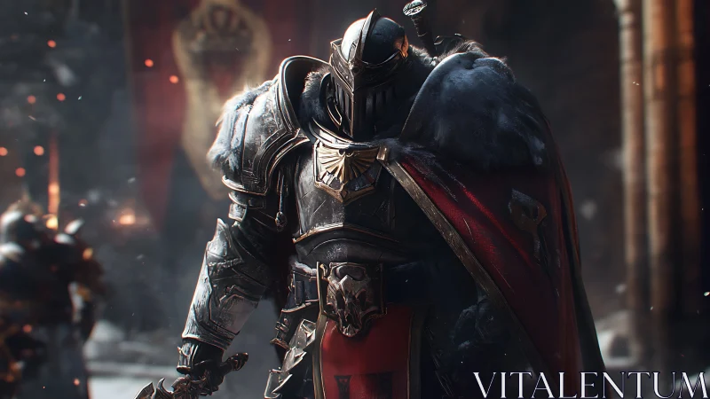 Armored medieval warrior in red cloak inside stone hall.