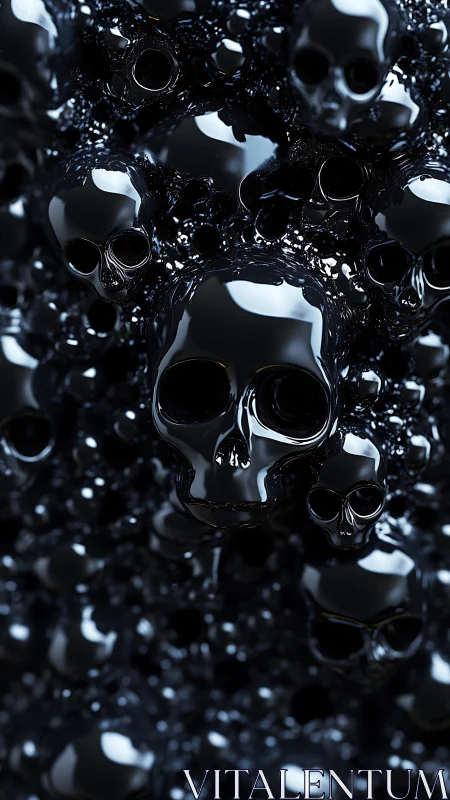 Cluster of reflective black skull forms in dense composition.