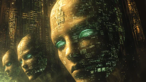 Gigantic cybernetic heads integrate luminous circuit lattices