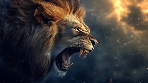 Roaring lion in fiery storm with dramatic side lighting.