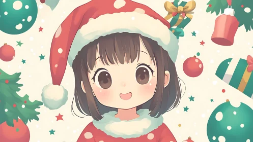 Anime-style child in red Santa outfit with ornaments.