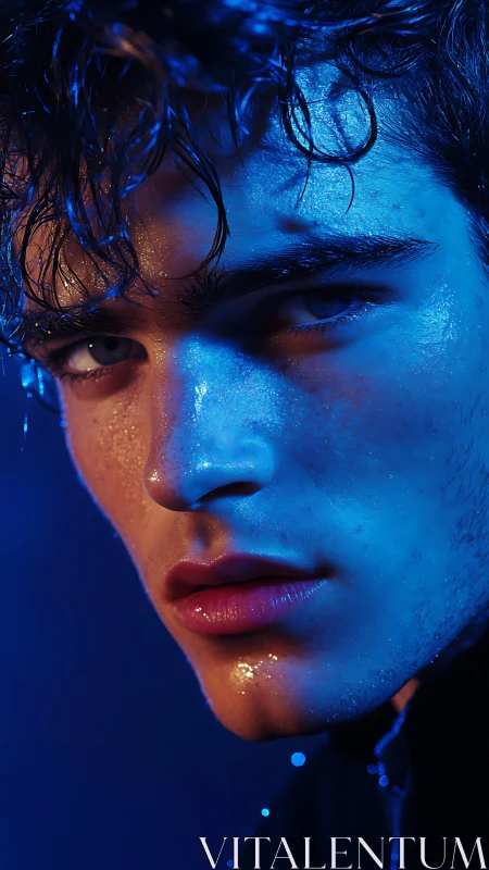 Cinematic blue gel portrait sculpts wet male face in profile