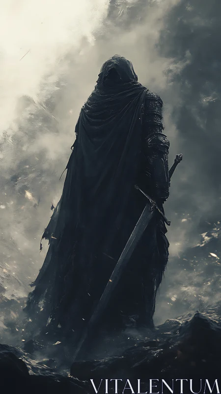 Lone shadowed warrior pausing within a storm of swirling mist.