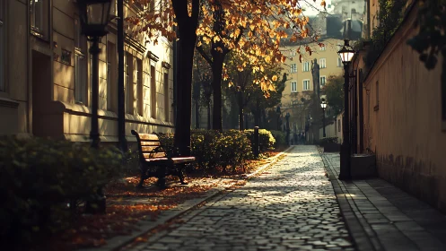 Quiet cobblestone alley with bench in warm autumn light.