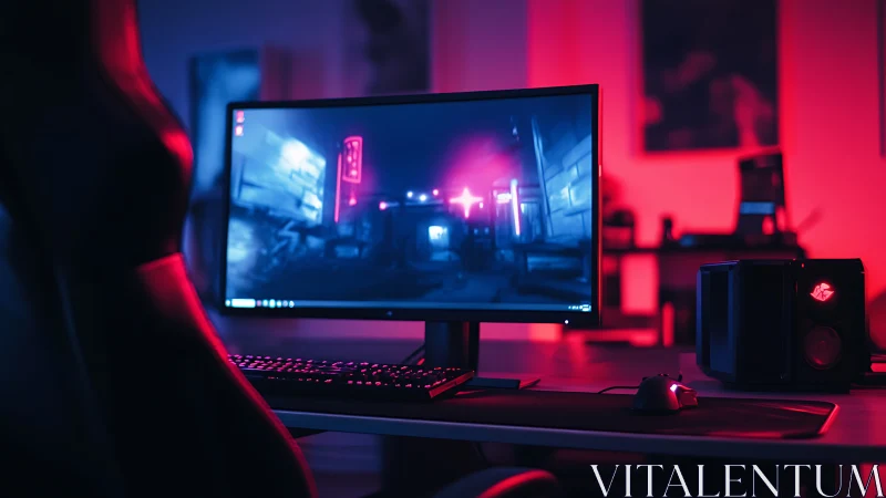 Curved gaming monitor glows within neon-lit desktop setup