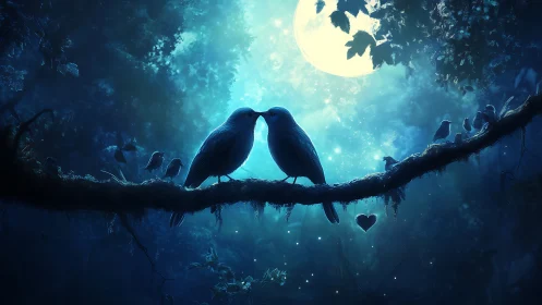 Two Birds Share a Moonlit Moment of Love