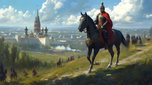 Mounted commander in ornate armor oversees riders near citadel