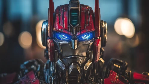 Starlit robot guardian with glowing blue city eyes.