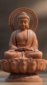 Serene wooden Buddha statue radiates calm spiritual focus