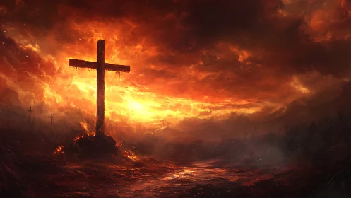 Burning cross silhouette under apocalyptic sunset sky.