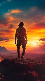 Hiker stands on cliff edge facing vivid sunset horizon.