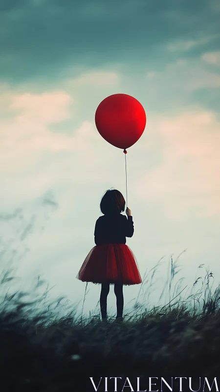 Silhouetted child with red balloon contrasts dusk sky dramatically