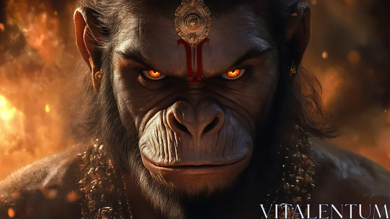 Divine simian warrior stares forward with burning eyes