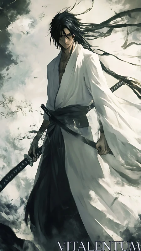 Samurai warrior in windswept monochrome digital rendering.