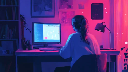 Woman working at desktop computer in neon lit home office.