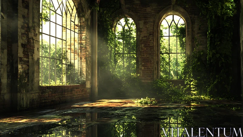 Sunlit abandoned greenhouse interior overgrown with ivy