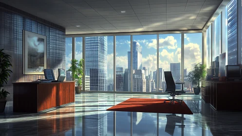 Sunlit corner office quietly crowns the glassy city skyline
