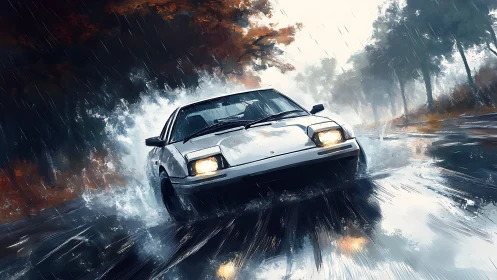 White sports car on wet forest road in heavy rainfall.