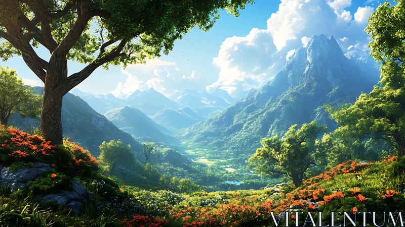 High-fidelity mountain valley landscape with volumetric daylight