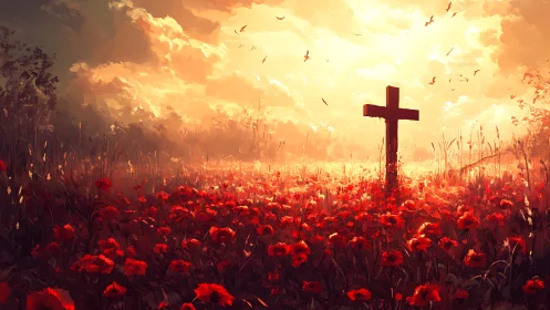 Sunlit cross rises above crimson poppy remembrance field.