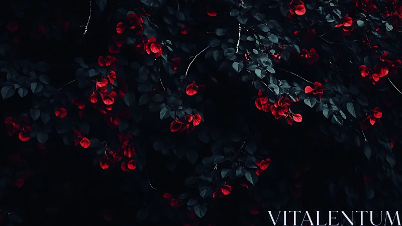 Low key botanical canopy with crimson spectral accents.