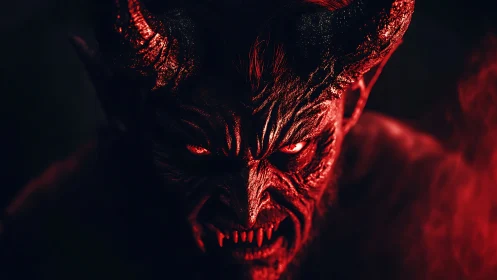 Demonic horned creature portrait in intense red light.