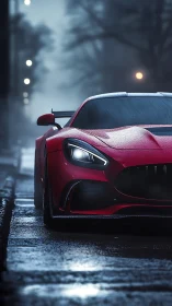 Crimson supercar stalks a rain-soaked boulevard at dusk.