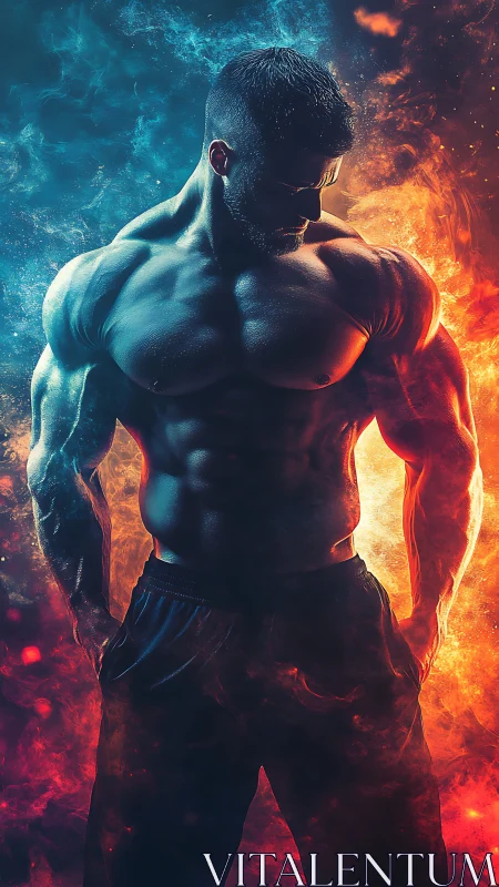 Muscular male figure between blue smoke and fire storm.
